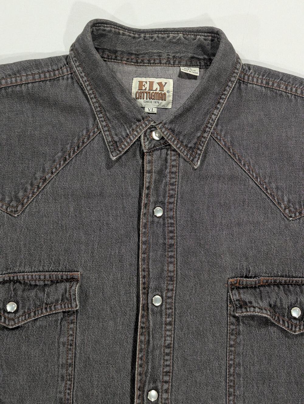 Ely Cattleman Shirt Mens XL Gray Denim Long Sleeve Western Pearl Snap Pockets